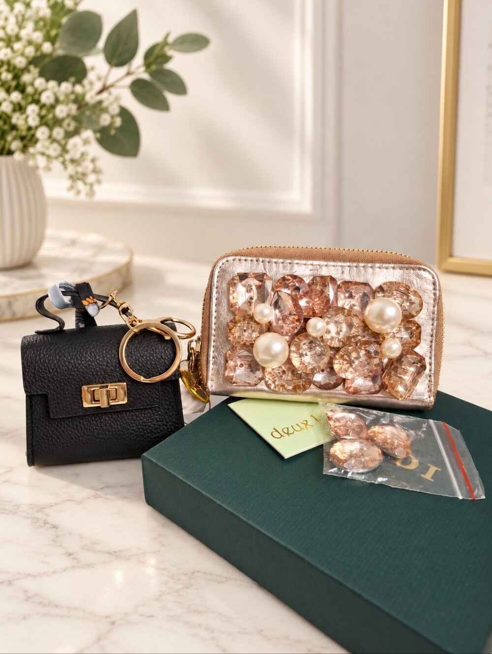 Deux Lux Vintage Rose Gold Crystal Pearl Wallet + Mini Purse Bag Charm Set